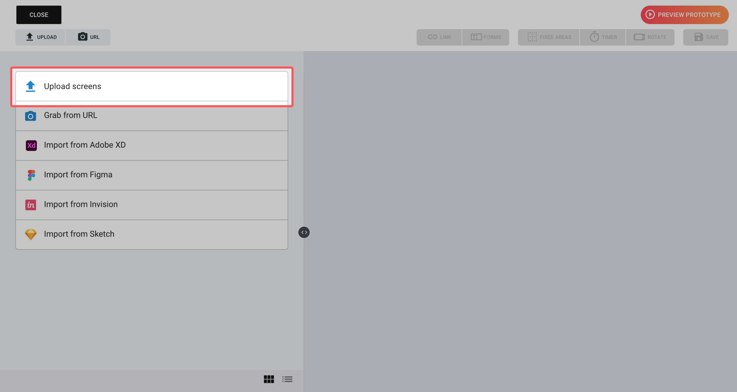 Upload screens prototype